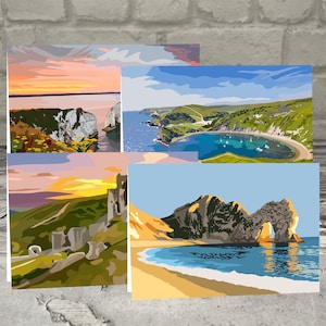 Paquete de 4 tarjetas con notas de Dorset: Dorset, Durdle Door, Lulworth Cove, Corfe Castle, Old Harry Rocks, tarjetas con paisajes.