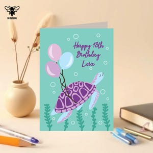 Personalised Turtle Birthday Card, Unique, Handmade, Turtle Gift, Personalise With A Name And Age, Customise With A Printed Message Inside.