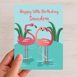 Tarjeta de cumpleaños de flamenco / Tarjeta de cumpleaños tropical / Personalízala con nombre y edad