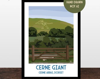 Cerne Giant Art Print, Dorset Landmark Poster, Digitally Hand Drawn Wall Art