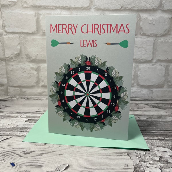 Darts Christmas Card, Dart Board, Wreath, Xmas, Merry Christmas, Personalise With A Message or Name.