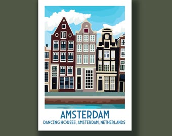 Amsterdam, maisons dansantes, poster de voyage, décoration de voyage, impression de voyage, art mural paysages, posters de villes, idée cadeau, Pays-Bas