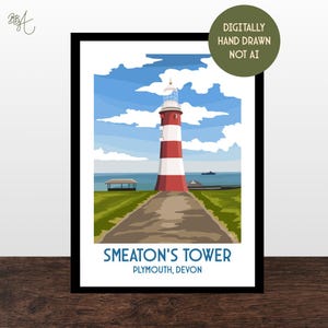 Póster de viaje vintage de la Torre Smeaton, Plymouth, Reino Unido. Impresiones ferroviarias de estilo retro. Arte mural.
