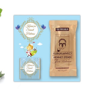 May include: A blue and gold gift box with a cartoon illustration of a boy in a red and gold outfit. The box is labelled "Kwangin Sünnet Hatirase". A brown paper packet of Turkish coffee is labelled "KURUKAHVECİ MEHMET EFENDİ Türk Kahvesi" and "TEK FİNCANLIK". The packet is 6 grams.