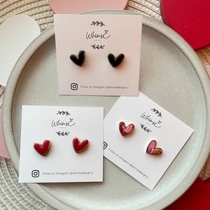 Clay Filled Brass Heart Studs | Hand Painted | Black | Red | Valentine Earrings