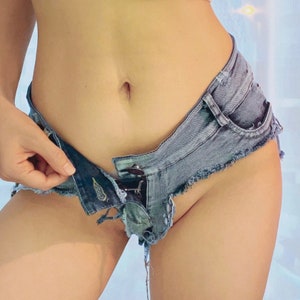 2022 New Women's Sexy Low Waist Thong Elastic Denim Jeans Shorts Hole Hotwife Adult Party Outfit Nightclub