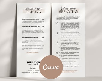 Spray Tan Service Menu Template | Salon Price List | Spray Tan Business |  Editable Card