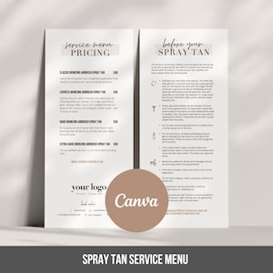 Puede incluir: Un menú de servicios de bronceado en spray con precios e instrucciones de preparación. El menú incluye opciones de bronceado clásico, exprés, oscuro y extra oscuro. El documento también presenta un logotipo y la palabra "Canva".