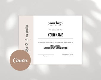 Spray Tan Training Certificate Template: Editable Canva Design