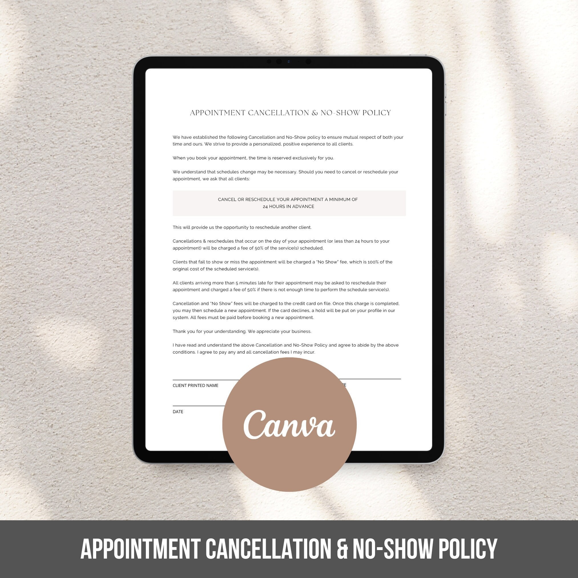Appointment Cancellation & No-Show Policy Form Template | Spray Tan Business Essential