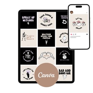 May include: A digital illustration of a collection of Halloween-themed designs. The designs feature skeletons, ghosts, witches, and other spooky imagery. The designs are in a variety of colours, including black, white, pink, and brown. The designs are arranged in a grid on a digital tablet screen. The text on the designs includes phrases like "Spray Up Witches", "Thick Thighs & Spooky Vibes", "Whatever Spices Your Pumpkin", and "Bad and Boo-gie".