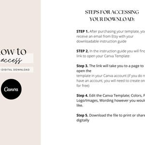Op de afbeelding: Een digitale downloadgids met instructies over hoe u toegang krijgt tot een sjabloon. De tekst bevat "how to access" en "YOUR DIGITAL DOWNLOAD". Er is ook een zwarte cirkel met "Canva". Stappen voor toegang tot de download worden vermeld.