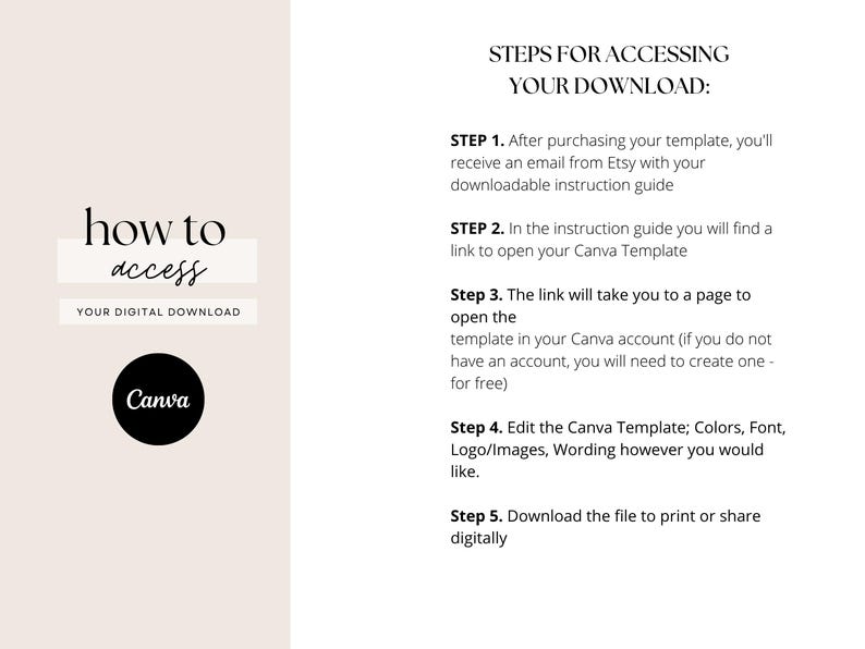 Op de afbeelding: Een digitale downloadgids met instructies over hoe u toegang krijgt tot een sjabloon. De tekst bevat "how to access" en "YOUR DIGITAL DOWNLOAD". Er is ook een zwarte cirkel met "Canva". Stappen voor toegang tot de download worden vermeld.