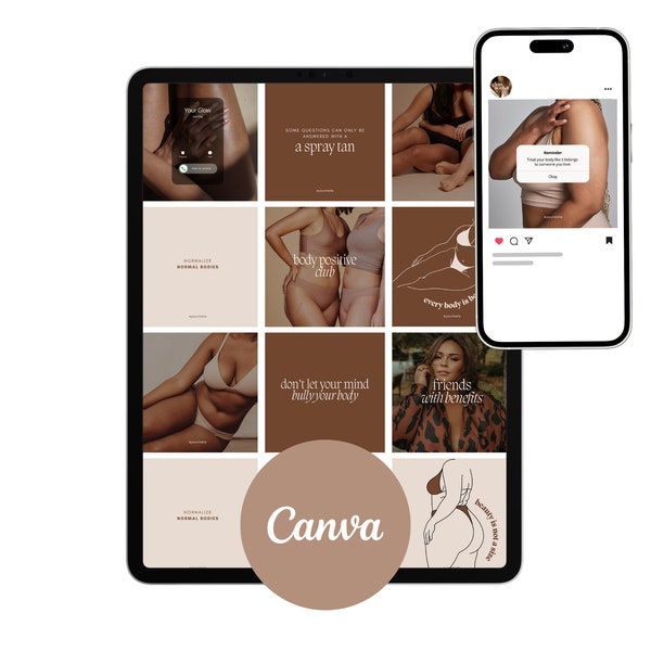30 BODY POSITIVE Spray Tan Instagram Templates, 30 Customizable Post & Stories Designs, Social Media Content for Spray Tanning Business