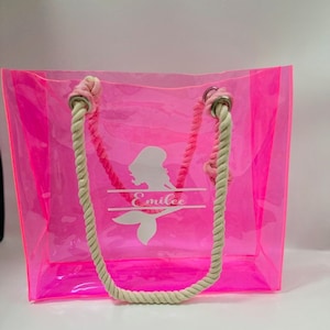 Kundenspezifische transparente PVC-Einkaufstasche mit dicken Baumwollseilgriffen. Personalisiere diese Meerjungfrau mit deinem Namen oder dem Namen deiner Liebsten!