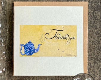 Watercolor Thank You Cards, Tea Pot Design, Handmade Note Card Set