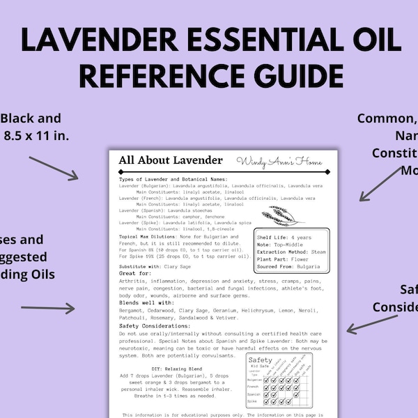 Lavender Essential Oil Reference Guide - Lavender Cheat Sheet - Data Sheet - Essential Oil Printable