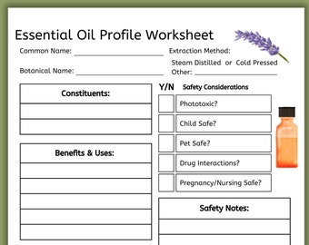 Essential Oil Profile Worksheet, Essential Oil data sheet, Essential oil journal sheet,  Essential Oil Printable