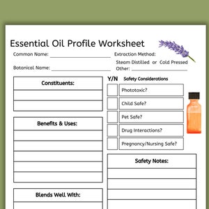 May include: A printable worksheet for recording essential oil information. The worksheet includes sections for common name, botanical name, constituents, benefits and uses, extraction method, safety considerations, and blends well with. The worksheet also includes a section for safety notes and a section for additional notes.