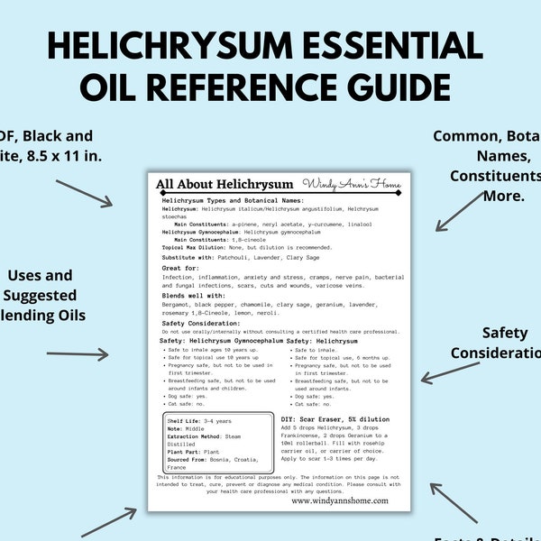 Helichrysum Essential Oil Reference Guide, Cheat Sheet, Data Sheet, Helichrysum Essential Oil Chart, Essential Oil Printable