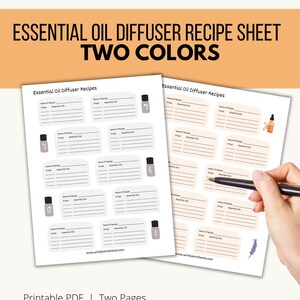 Könnte beinhalten: Druckbare Rezeptkarte für ätherische Öl-Diffuser mit zwei Seiten. Die Karte hat einen hellgrauen Hintergrund mit einem hellrosa Rand und einen hellrosa Hintergrund mit einem hellgrauen Rand. Die Karte bietet Platz für den Namen des Rezepts, die verwendeten ätherischen Öle und die Anzahl der Tropfen jedes Öls.