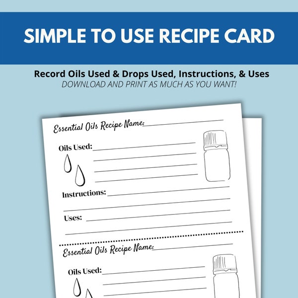Essential Oil Recipe Card, Recipe Sheet, 4 x 6 inches