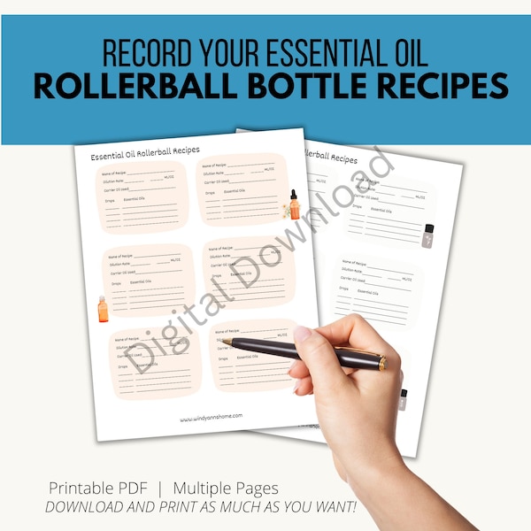 Essential Oil Roller ball Recipe Sheet - Recipe Card - Essential Oil Worksheet - Color and in Black & White