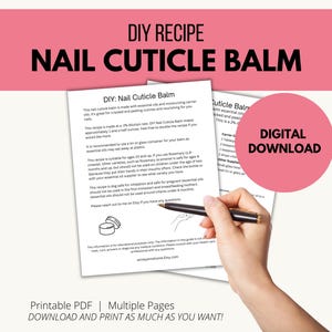 Op de afbeelding: Een printbaar PDF-document met instructies voor het maken van een DIY-nagelriemcrème. Het document bevat een lijst met ingrediënten en stappen voor het maken van de crème. Het document bevat ook een optie voor digitaal downloaden.