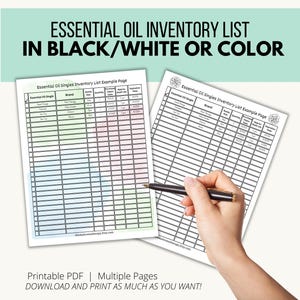 May include: Printable essential oil inventory list in black and white or color. The list includes columns for essential oil name, brand, quantity, size, purchase date, approximate cost, expiration date, and notes. The list is designed to help you keep track of your essential oil collection.