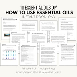 Può includere: Una raccolta di documenti PDF stampabili su sfondo bianco. I documenti sono intitolati "10 Oli Essenziali DIY" e "Come usare gli oli essenziali". Il testo include informazioni sugli oli essenziali, con un grafico delle soluzioni e un sommario. Download immediato.