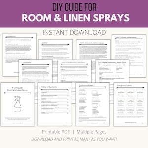 Op de afbeelding: Een DIY-gids voor het maken van kamer- en linnensprays. De gids bevat instructies, recepten en gratis printbare labels. De omslag toont een zwart-witte illustratie van een spuitfles.