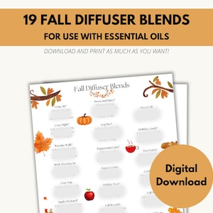 以下が含まれることがあります： エッセンシャルオイルと併用する、秋のディフューザーブレンド19種類をまとめた印刷可能なチェックリスト。チェックリストには、かぼちゃ、葉、コーヒーカップなど、秋のテーマのイラストが描かれています。