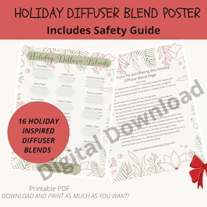 以下が含まれることがあります： 16種類のホリデーインスパイアードディフューザーブレンドが記載された印刷可能なポスター。ポスターには、緑と白のフローラルデザインに赤いベリーが描かれています。「Holiday Diffuser Blends」というテキストは、装飾的なフォントで書かれています。ポスターには、ディフューザーでエッセンシャルオイルを使用するための安全ガイドも含まれています。