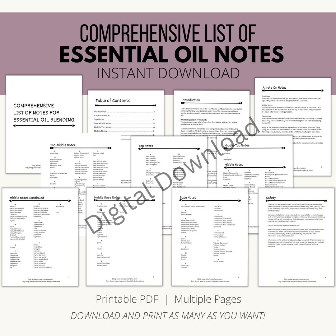 List of Essential Oil Notes for Blending Blending Worksheets Digital