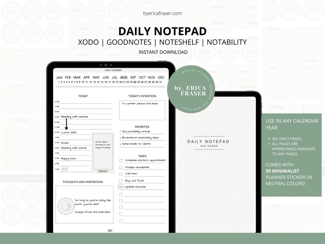 Daily Digital Notepad, 365 Pages Hyperlinked, Daily Planer Pages - for ...