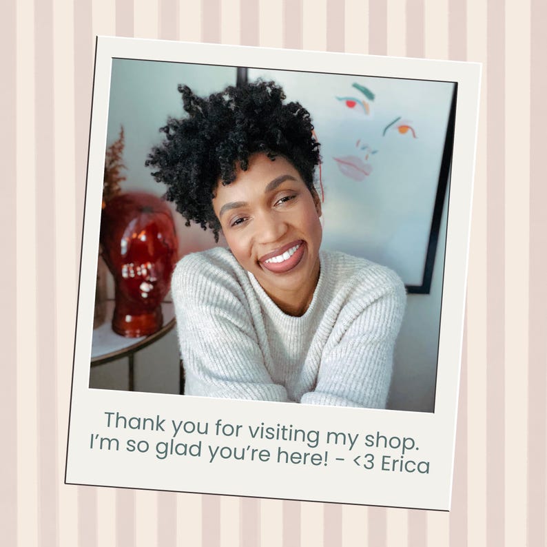 May include: A person with short dark curly hair wearing a light-coloured ribbed jumper. The image is framed like a polaroid with the text: Thank you for visiting my shop. I&rsquo;m so glad you&rsquo;re here! - <3 Erica. The background shows a red head form.