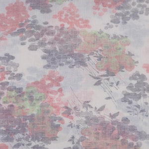May include: White fabric with a floral pattern in shades of pink, gray, and green. The flowers are abstract and resemble brushstrokes.