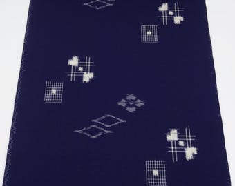 KASURI Japanese Wool Fabric Koushi Lattice Hishi Rhombus Aizome Navy Blue Indigo Tribal Ikat Pongee Scarf Noren Folk Mingei Unused Bolt NOS