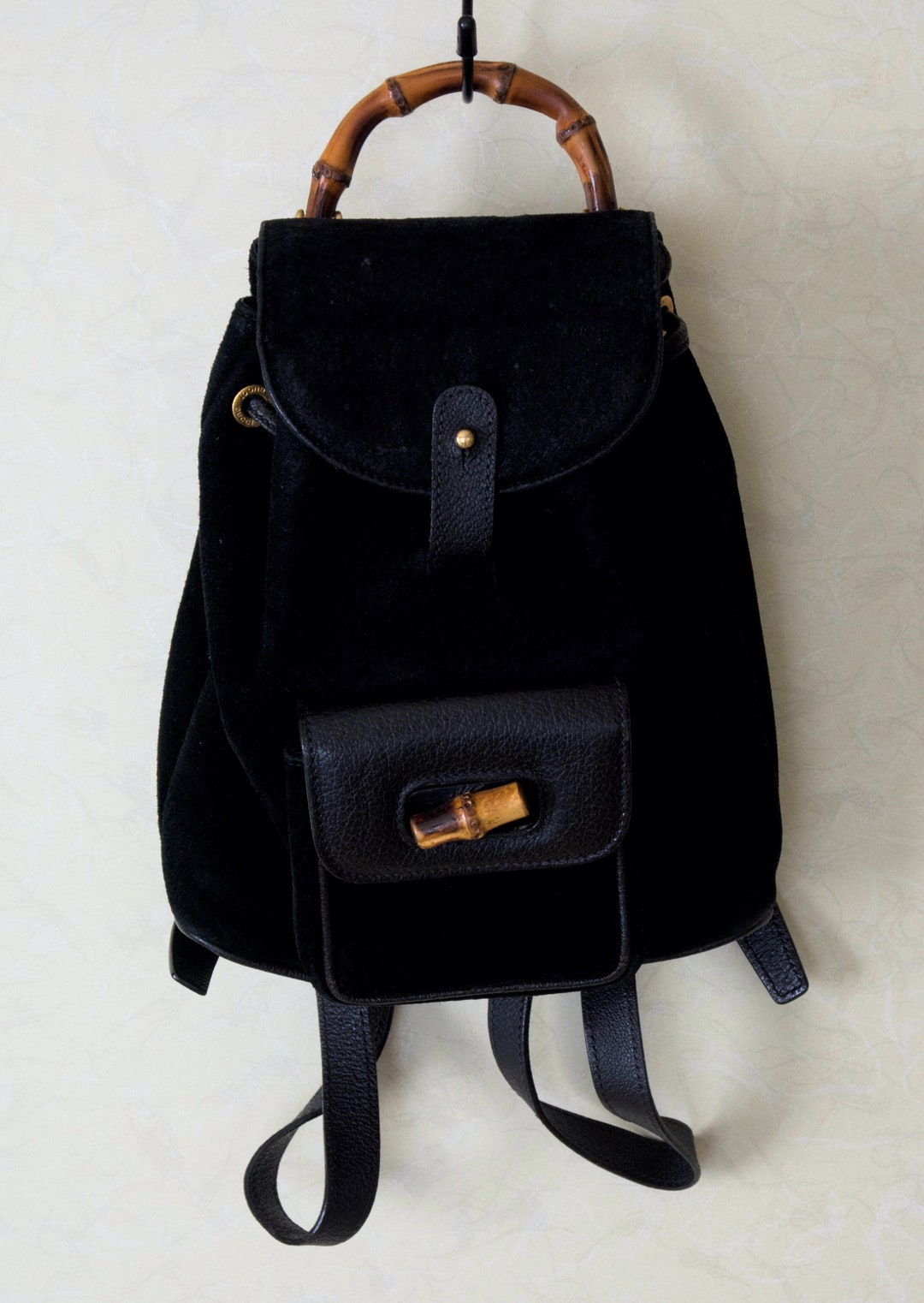 GUCCI Bamboo Backpack Black Suede Leather Drawstring Designer Mini