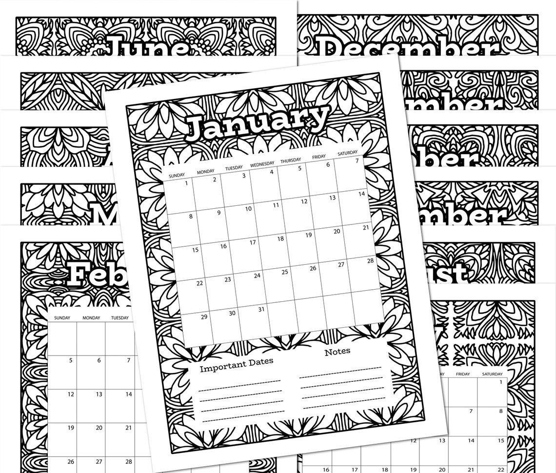 Twelve Month 2023 Coloring Calendar Sheets to Print at Home - Etsy