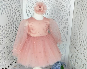 Princess Baby Gown,Pearl Wedding Dress,Photoshoot,Powder Elegant Dress,First Birthday Dress,Baptism Dress,Flower Girl Dress, SpecialOccasion