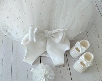 White Pearl Baptism Dress: Handmade Baby Girl Outfit with Shoes