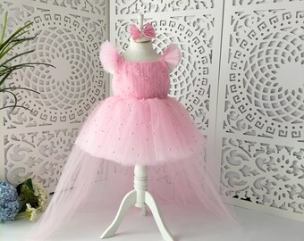 Handmade Tulle Flower Girl Dress with Train & Headband