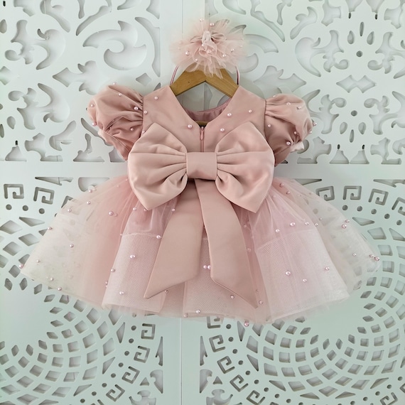 Powder Pink Tulle Baby Dress: V-back Party Gown With Bow Easter - Etsy