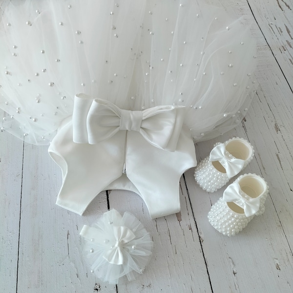 Robe de princesse pour enfant en bas âge avec perles blanches, robe de bébé pour le premier anniversaire d'un invité de mariage, séance photo de baptême, robe pour gâteau