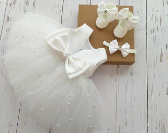 Baby Girl Baptism Dress Set – Christening Dress with Shoes and Headband