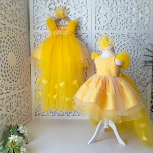 Puffy Dress With Floral Details And Detachable Train,Photoshoot Dress,Prom Dress Ball Gown,Gifts For Girls,Yellow Toddler Dress,Party Dress