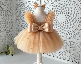 Gold Birthday Tutu Dress,Baby Prom Dress Ball Gown Toddler First Birthday Dress,Wedding Pearl Dress,Special Occasion Dress