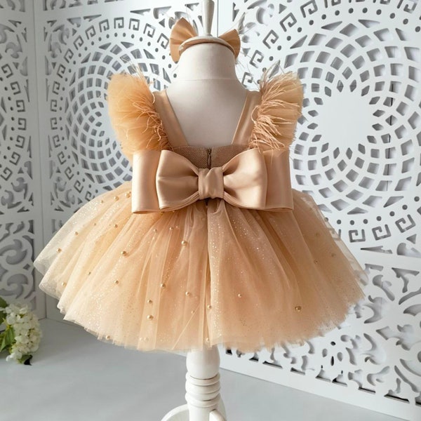 Gold Birthday Tutu Dress,Baby Prom Dress Ball Gown Toddler First Birthday Dress,Wedding Pearl Dress,Special Occasion Dress