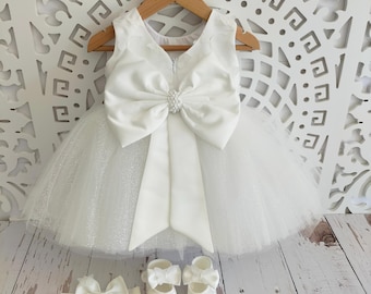 White Tulle Christening Gown Set: Newborn Baptism Dress, Shoes & Headband